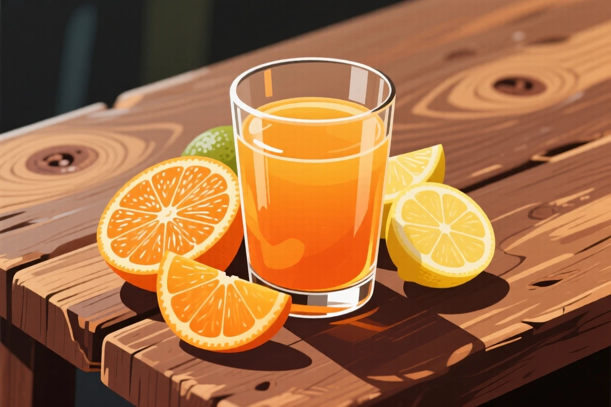 A glass of fresh-squeezed orange juice beside sliced citrus, set on a rustic wooden table, shown from a slight angle to highlight layers, with glossy highlights that make the dish look freshly made.