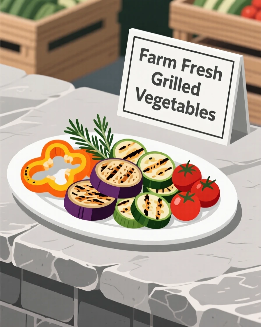 A platter of grilled vegetables beautifully displayed on a stone counter at a farmers market.