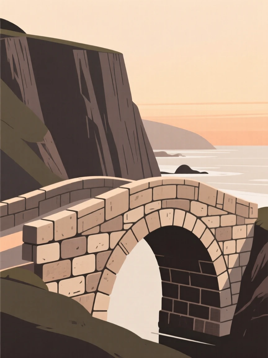 A quiet corner of an old stone bridge within a coastal cliffside, featuring warm evening light, full of peaceful order.