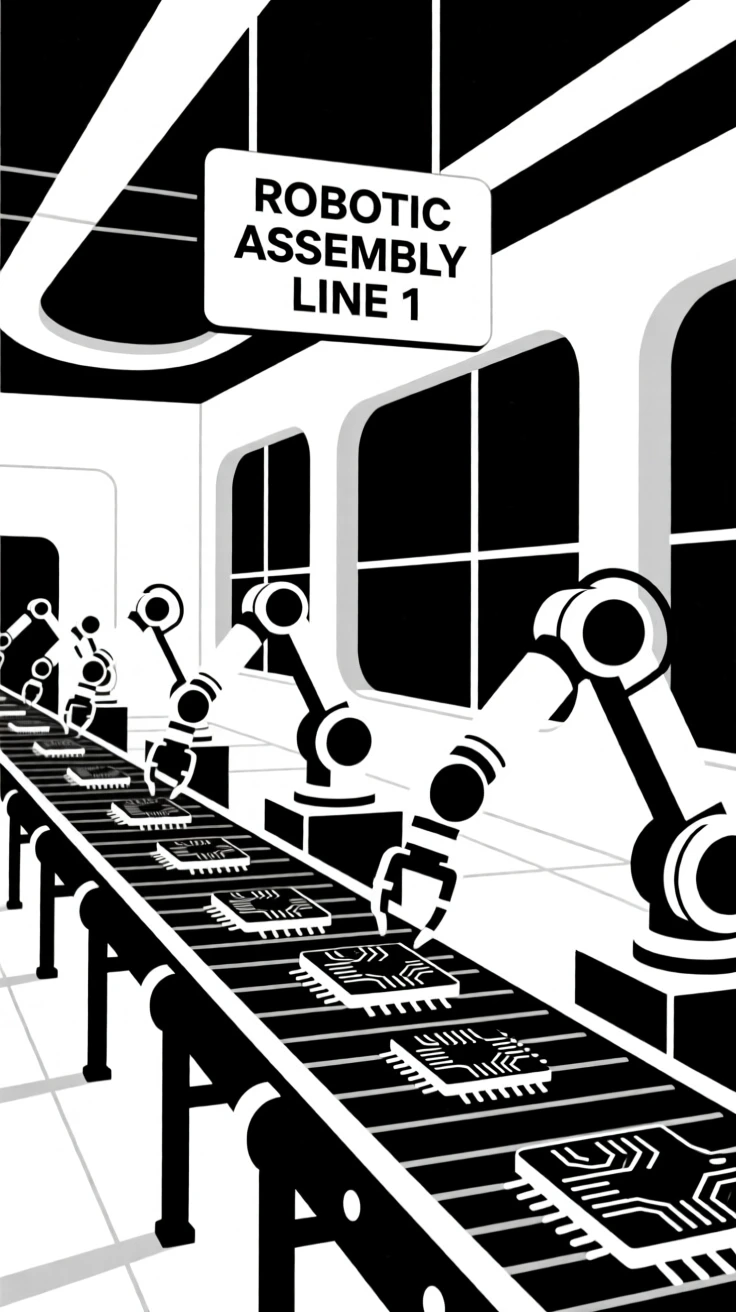 A microchip factory with precise robotic assembly lines.