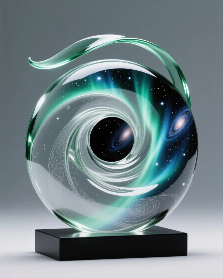 A wormhole spiraling open amid a field of distant galaxies, as auroras ripple across the upper edge of a planet