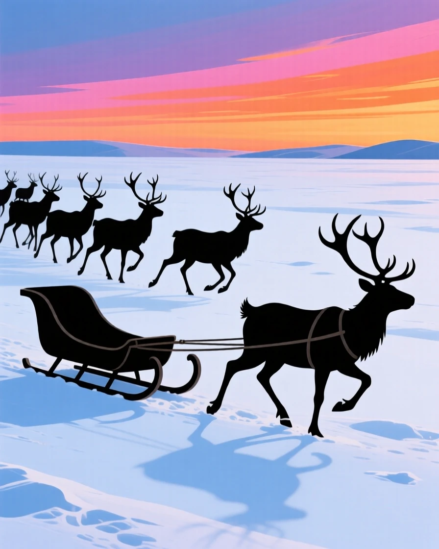 A herd of reindeer pulling a sled across a snow-covered tundra.