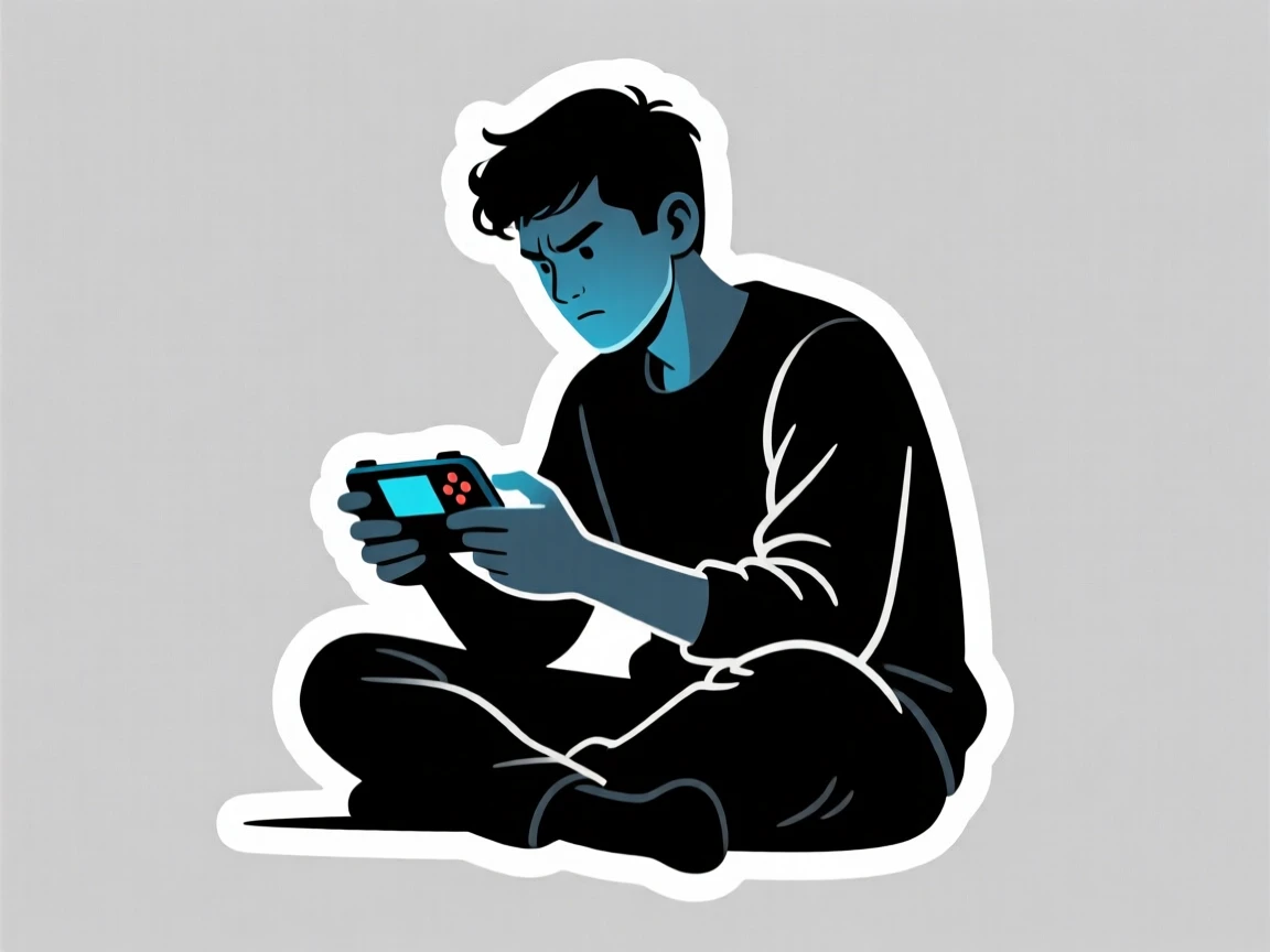A determined and skilled gamer focused intently on a handheld console, taking a short pause to admire their progress, on a quiet weekend afternoon.