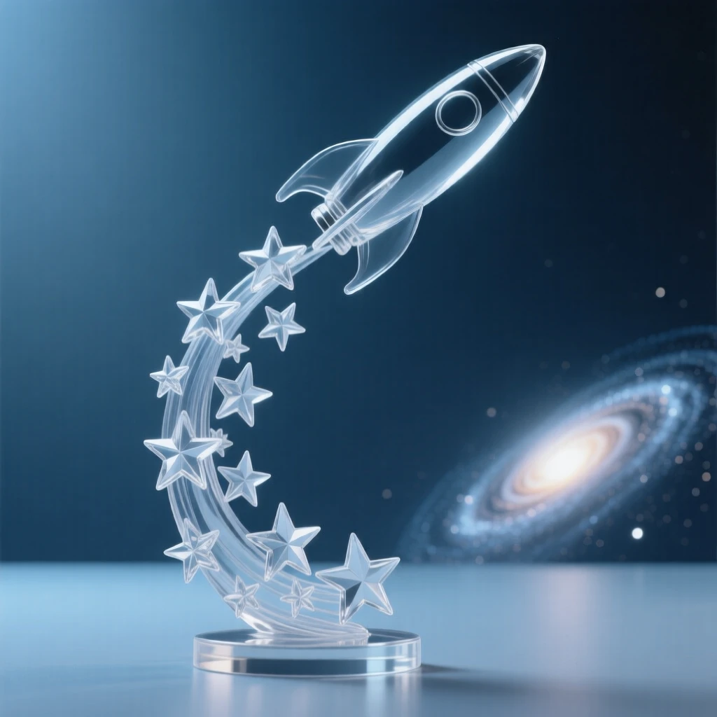 A rocket ascending through a trail of stars toward open space with a distant galaxy glowing faintly on the horizon