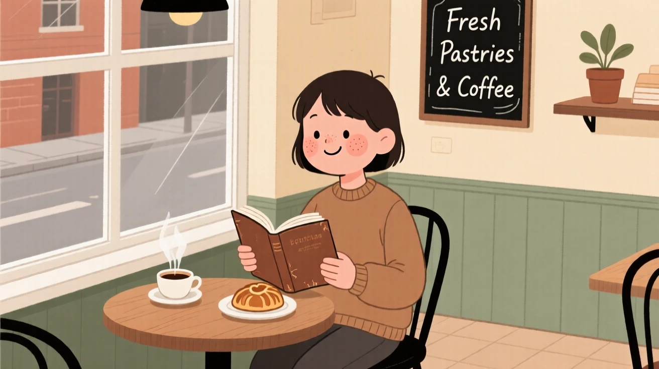 A young writer sits by the window of a small corner café, reading a worn novel as the smell of warm pastries fills the air.