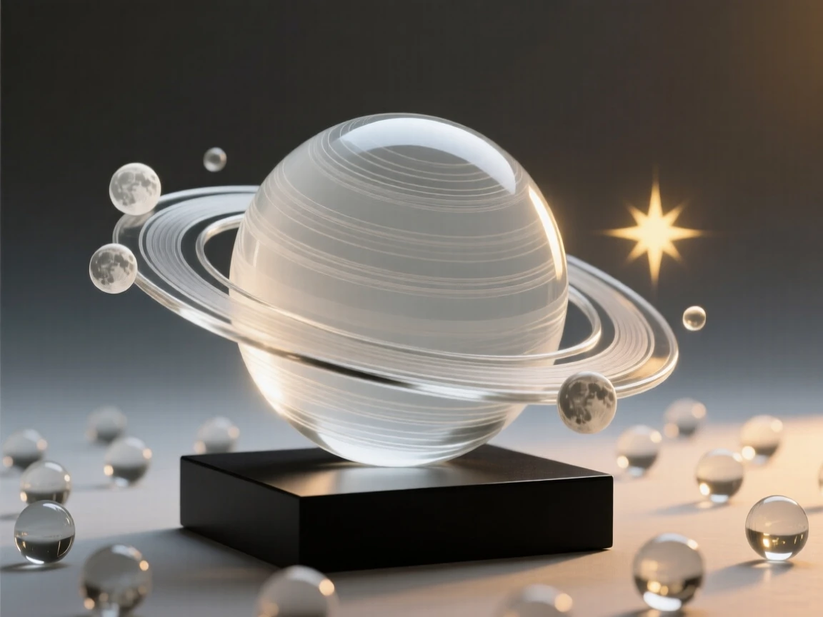 A ringed planet surrounded by a slowly rotating field of moons, beneath the glow of a nearby star just cresting the horizon