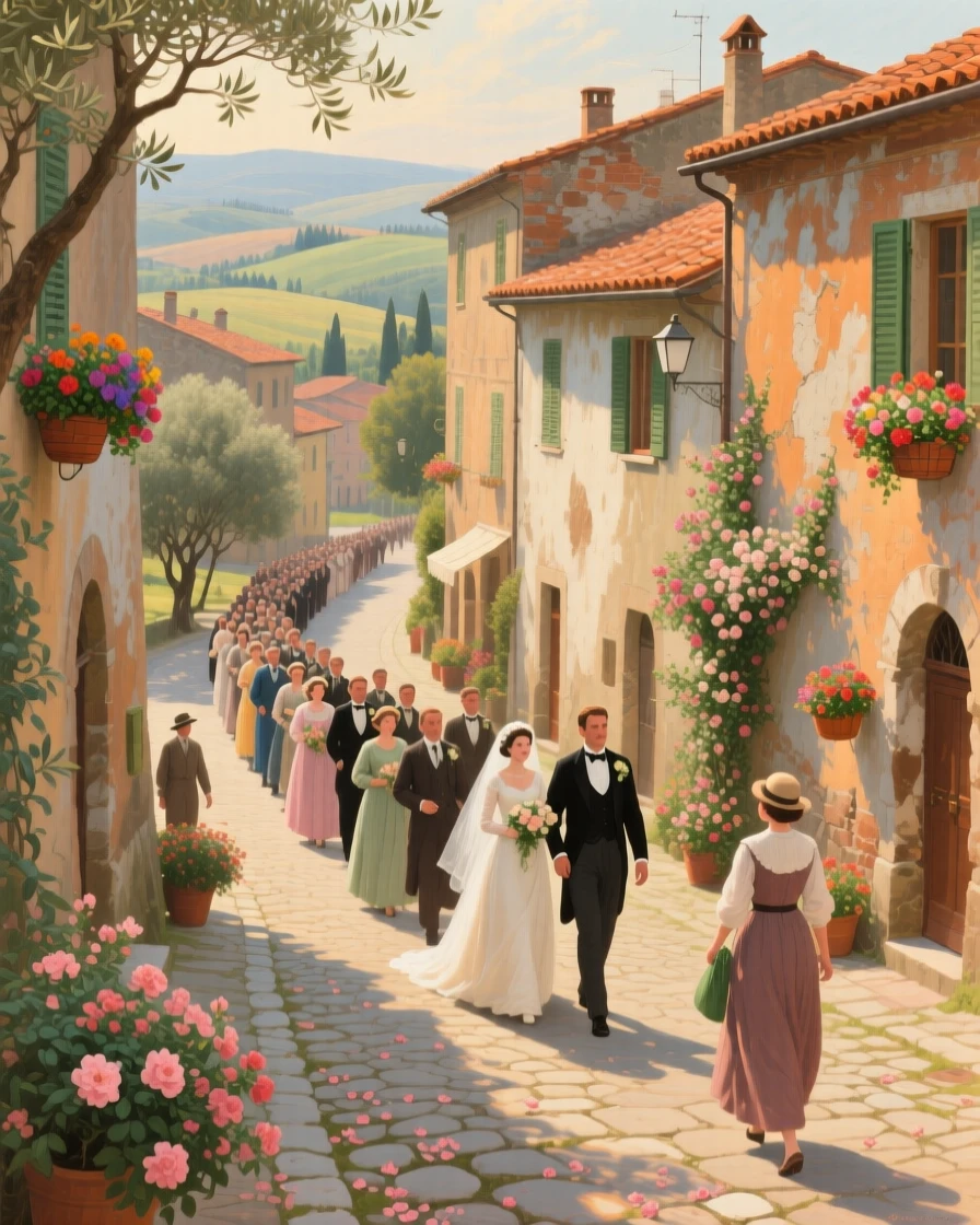 A grand panoramic scene of a wedding procession winding through a flower-strewn village street, in rural Tuscany, in the mid-20th century.