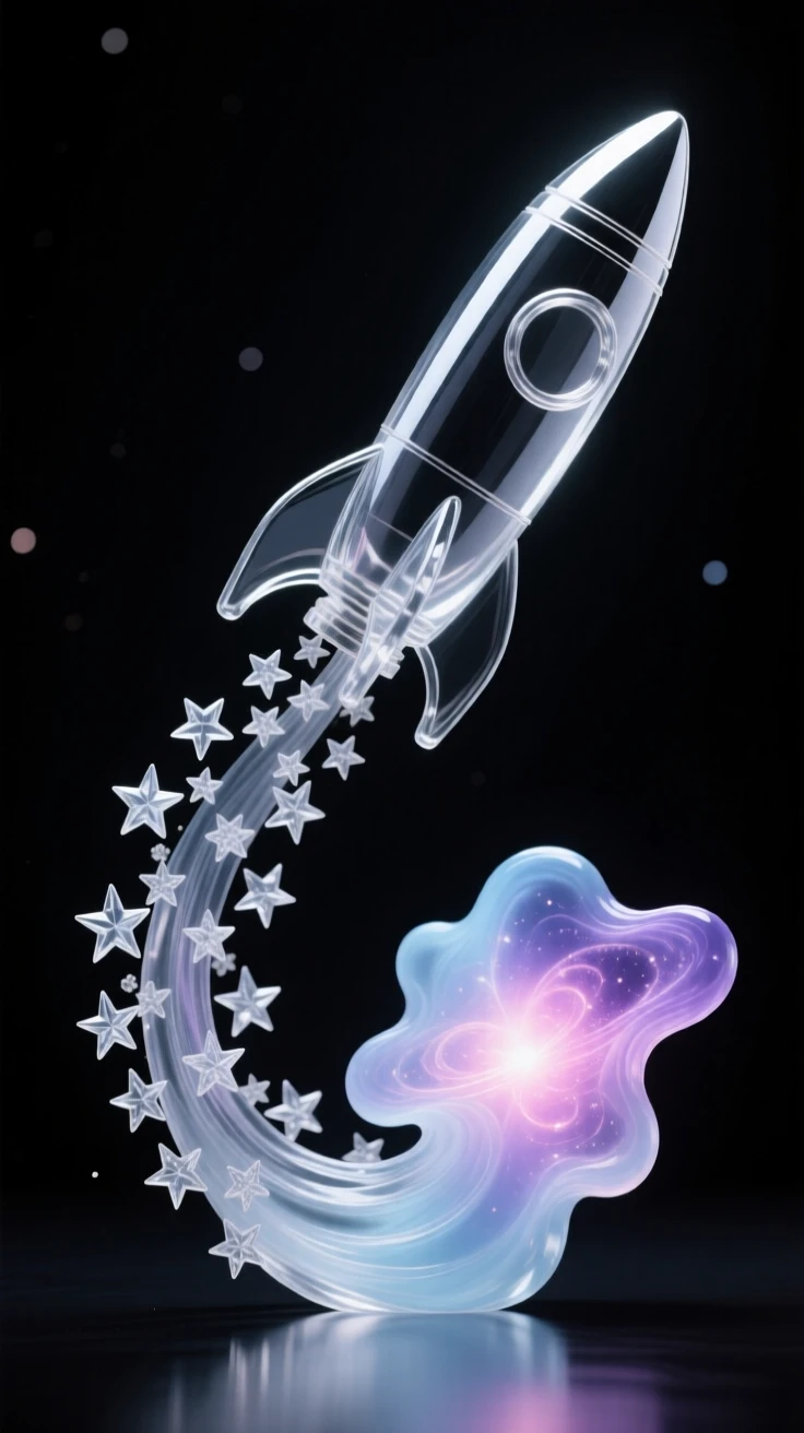 A rocket ascending through a trail of stars toward open space while a soft glow radiates from the heart of a nearby nebula