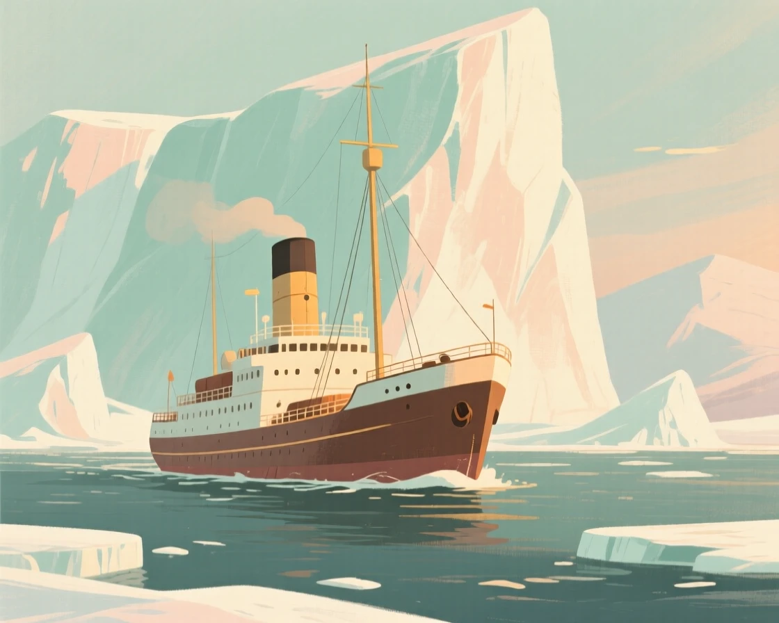 A vintage cargo ship navigating between icebergs in northern waters