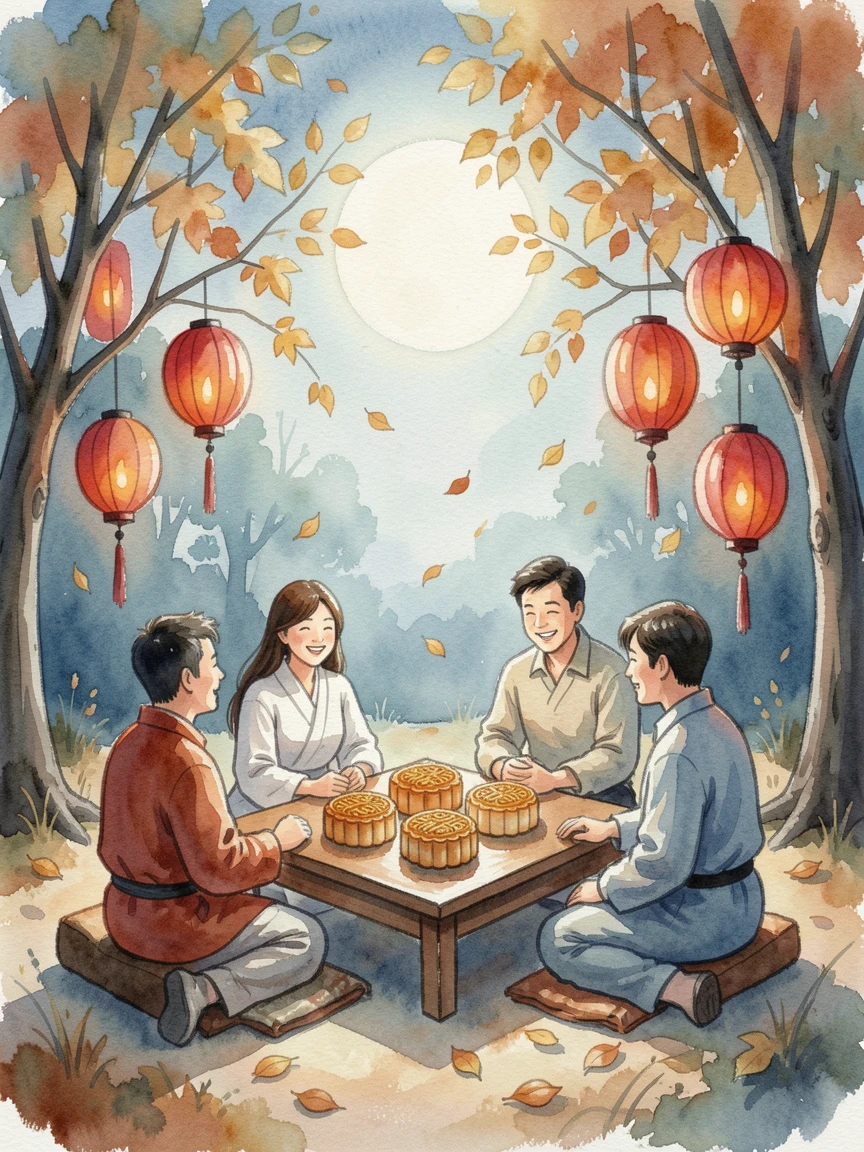 A Mid-Autumn Festival gathering with mooncakes and lanterns as golden autumn leaves drift in the breeze.