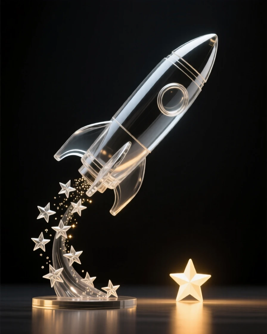 A rocket ascending through a trail of stars toward open space beneath the glow of a nearby star just cresting the horizon