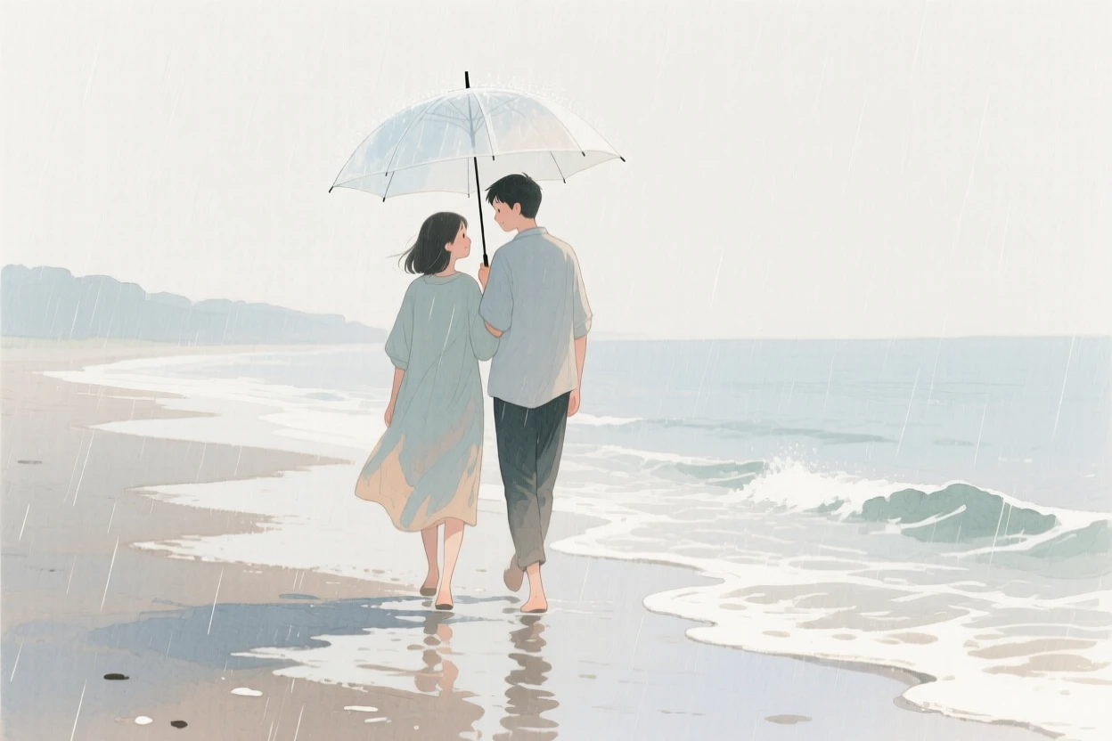 A tender moment of a rainy walk beneath one umbrella, while the tide rolls gently onto the shore, capturing quiet affection between two people