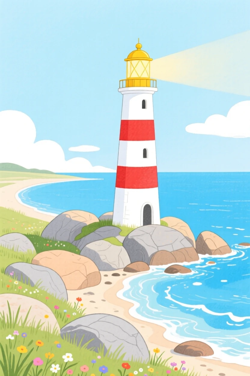 A charming scene of a lighthouse standing watch over a rocky coastline.