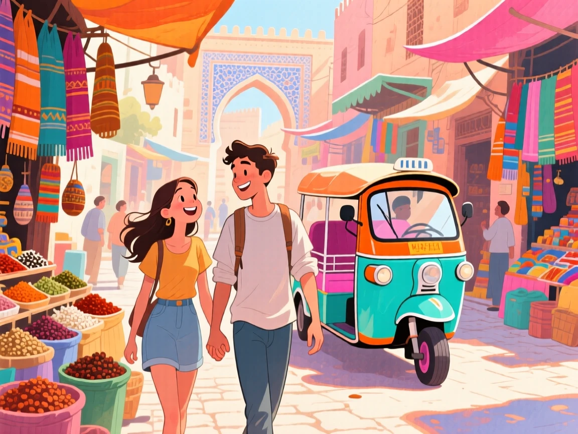 A young couple wanders hand in hand amid a colorful tuk-tuk weaving through Marrakech's markets, filled with the romance of travel.