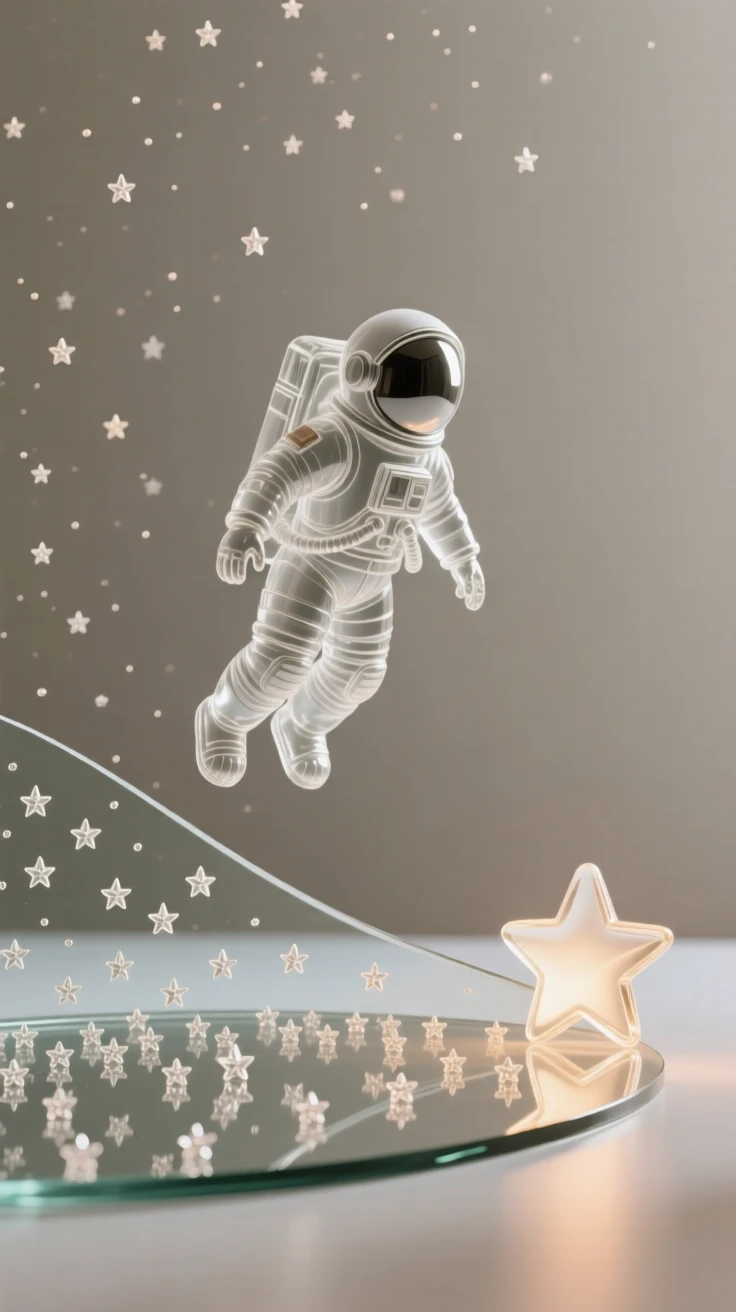 An astronaut floating peacefully above a curved horizon of stars beneath the glow of a nearby star just cresting the horizon