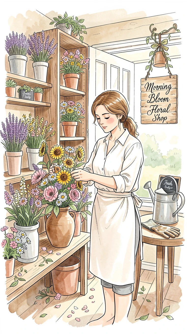 A woman arranging fresh flowers at a small countryside flower shop, the scene full of small, comforting details.