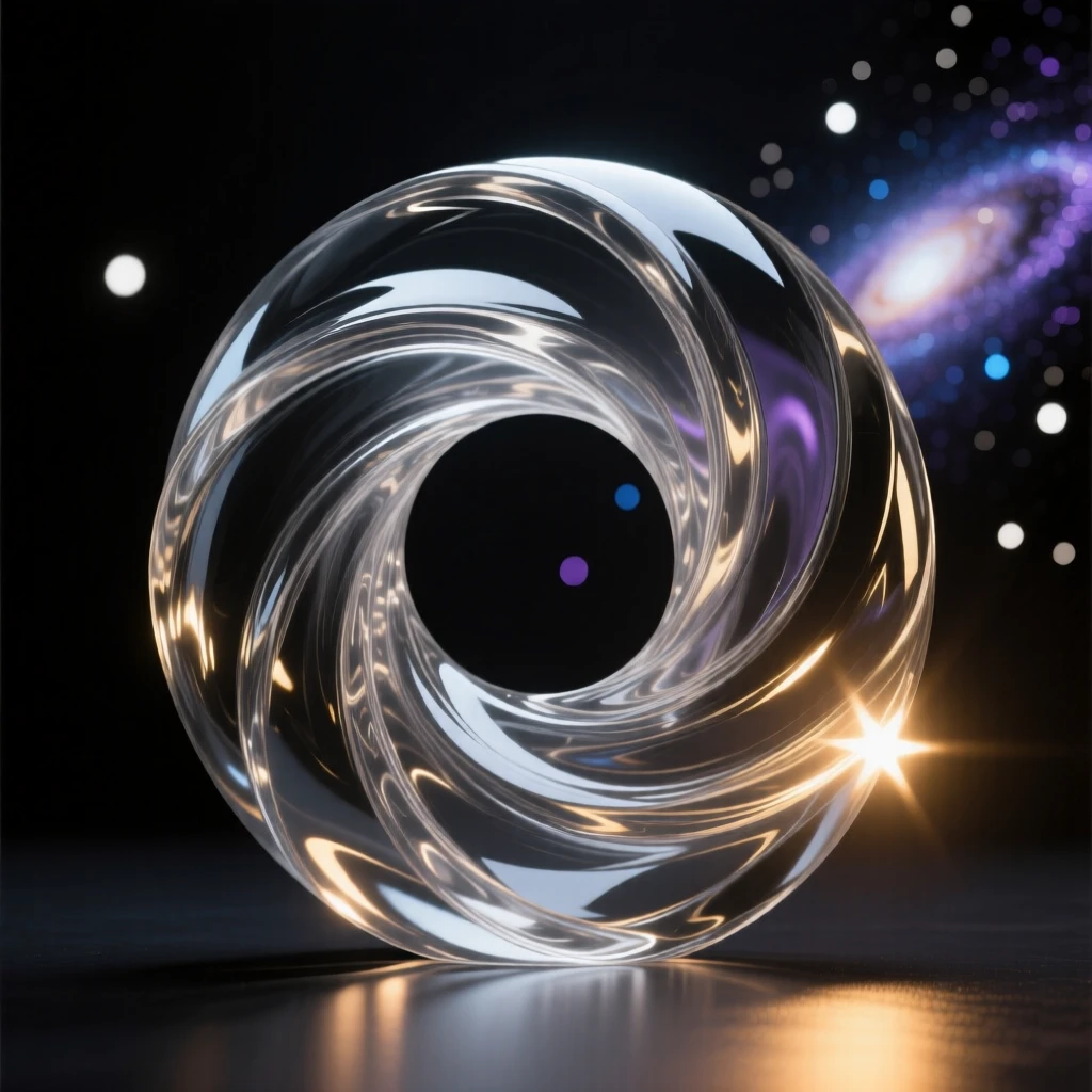A wormhole spiraling open amid a field of distant galaxies, beneath the glow of a nearby star just cresting the horizon