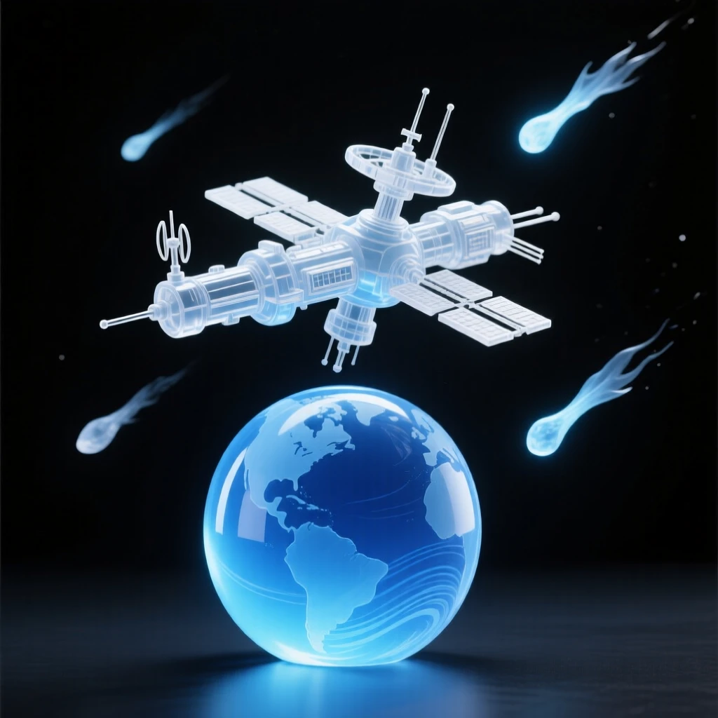 A space station orbiting slowly above a glowing blue planet beneath a sky filled with slowly drifting comets