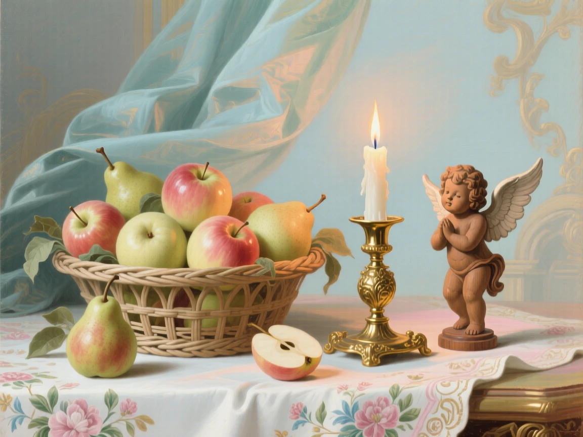 A basket of apples and pears beside a candle and a small carved angel  