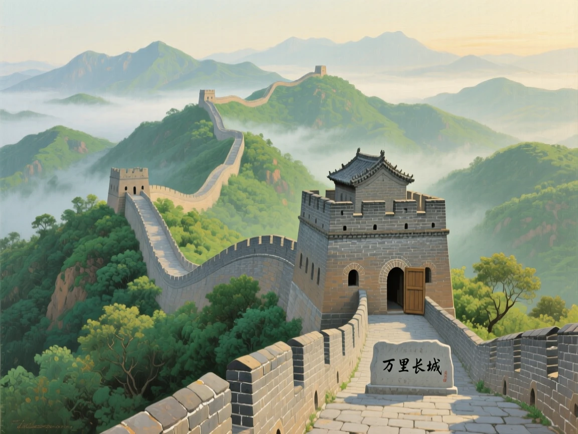 The Great Wall of China winding across misty green mountain ridges, with intricate architectural details rendered in careful precision, radiating the unique charm and grandeur of world architecture