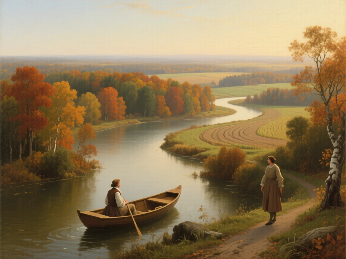 A winding river cutting through autumn forests ablaze with color stretching endlessly toward a hazy, distant horizon, set at the edge where cultivated land meets wild nature, with a distant figure or small boat lending quiet scale to the vastness; a single striking element anchors an otherwise open, breathing composition, radiating the serene majesty of untouched nature.