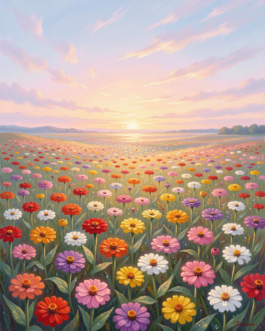 A field of blooming zinnias in a rainbow of colors beneath a wide summer sky, as the first light of dawn breaks.