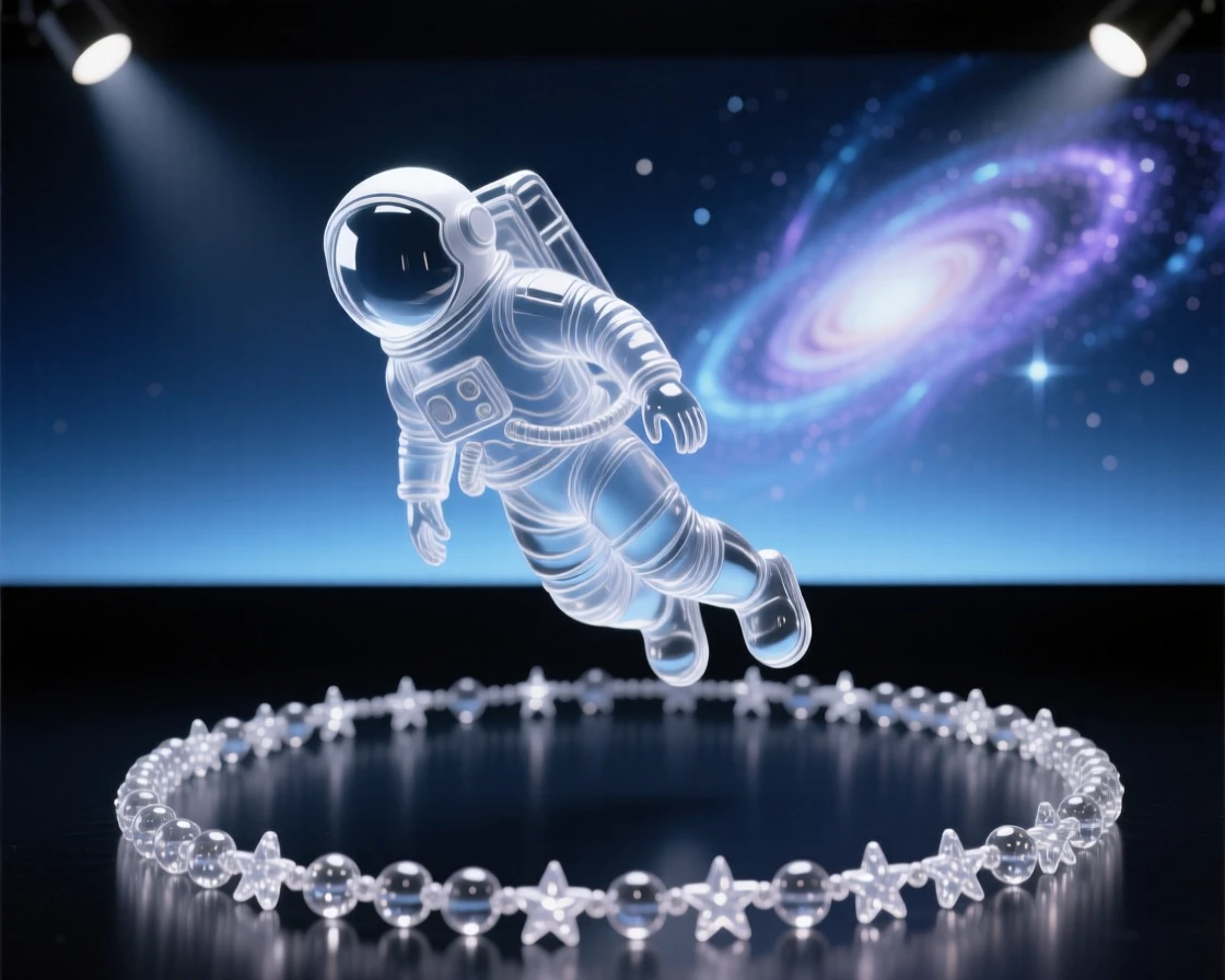 An astronaut floating peacefully above a curved horizon of stars, with a distant galaxy glowing faintly on the horizon