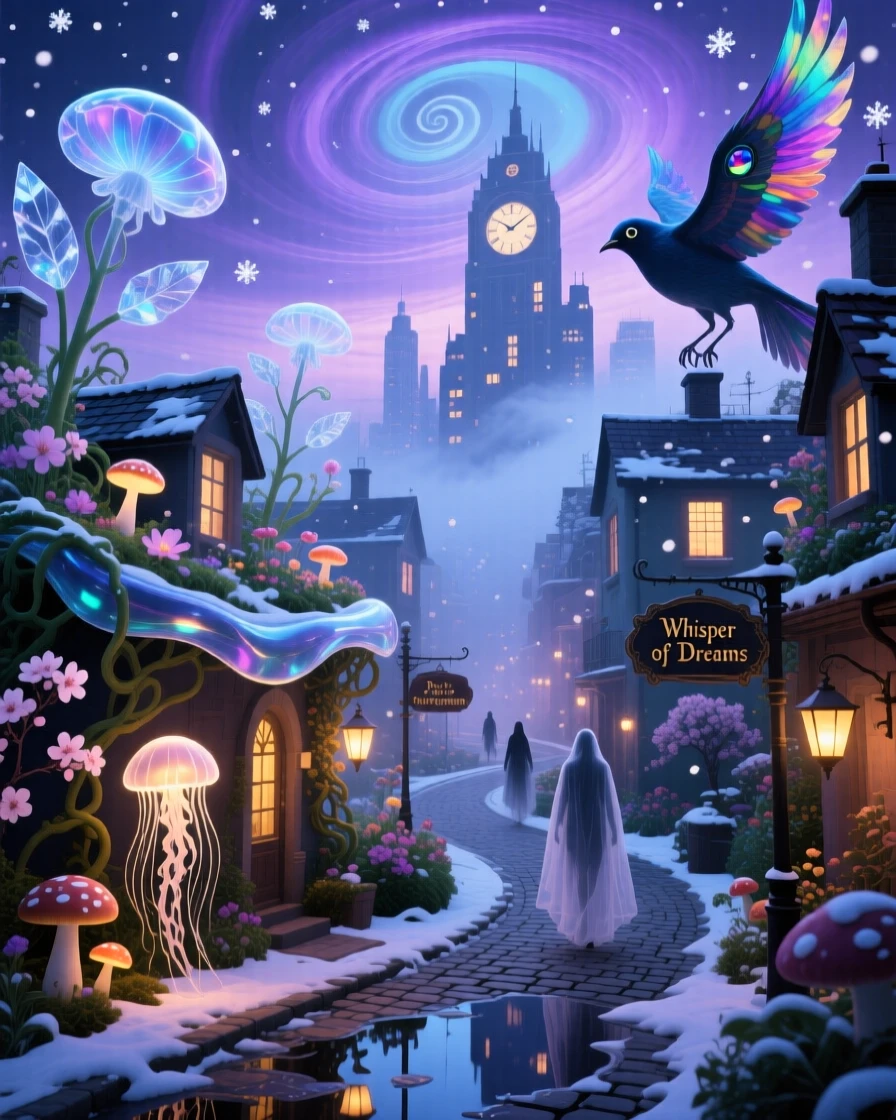 A city where every rooftop is a small, tended garden rests peacefully beneath a blanket of drifting snow, as lantern light spills softly onto quiet cobblestone paths.