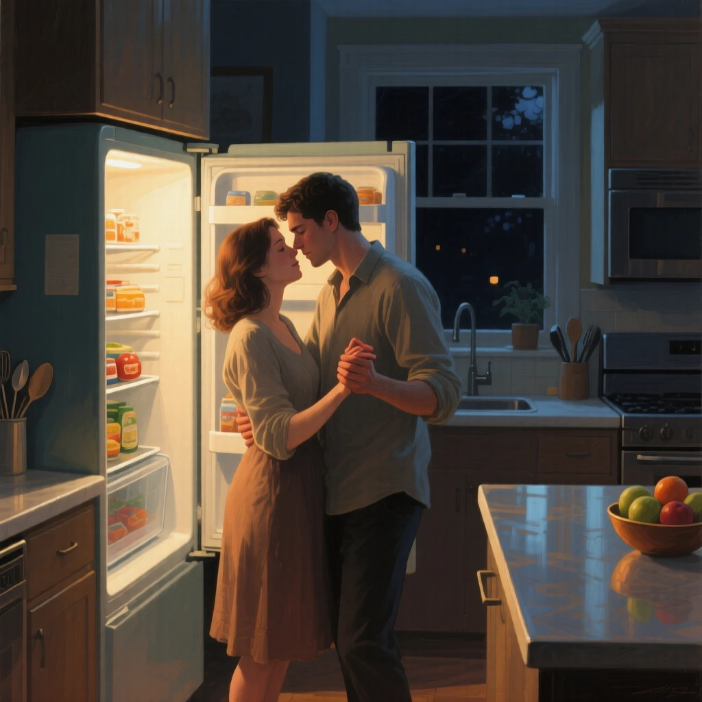 A couple shares an intimate slow dance in their kitchen at night, illuminated only by the soft glow of the refrigerator light, soft ambient light gently shaping the contours of their face and surroundings.