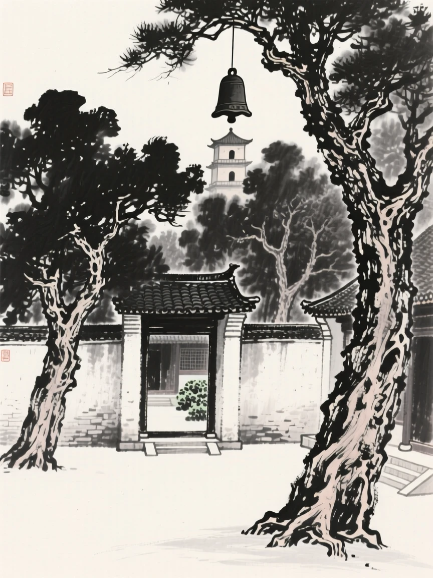 An old temple courtyard opens onto a garden filled with ancient trees, with a bell tower rising above the surrounding trees.
