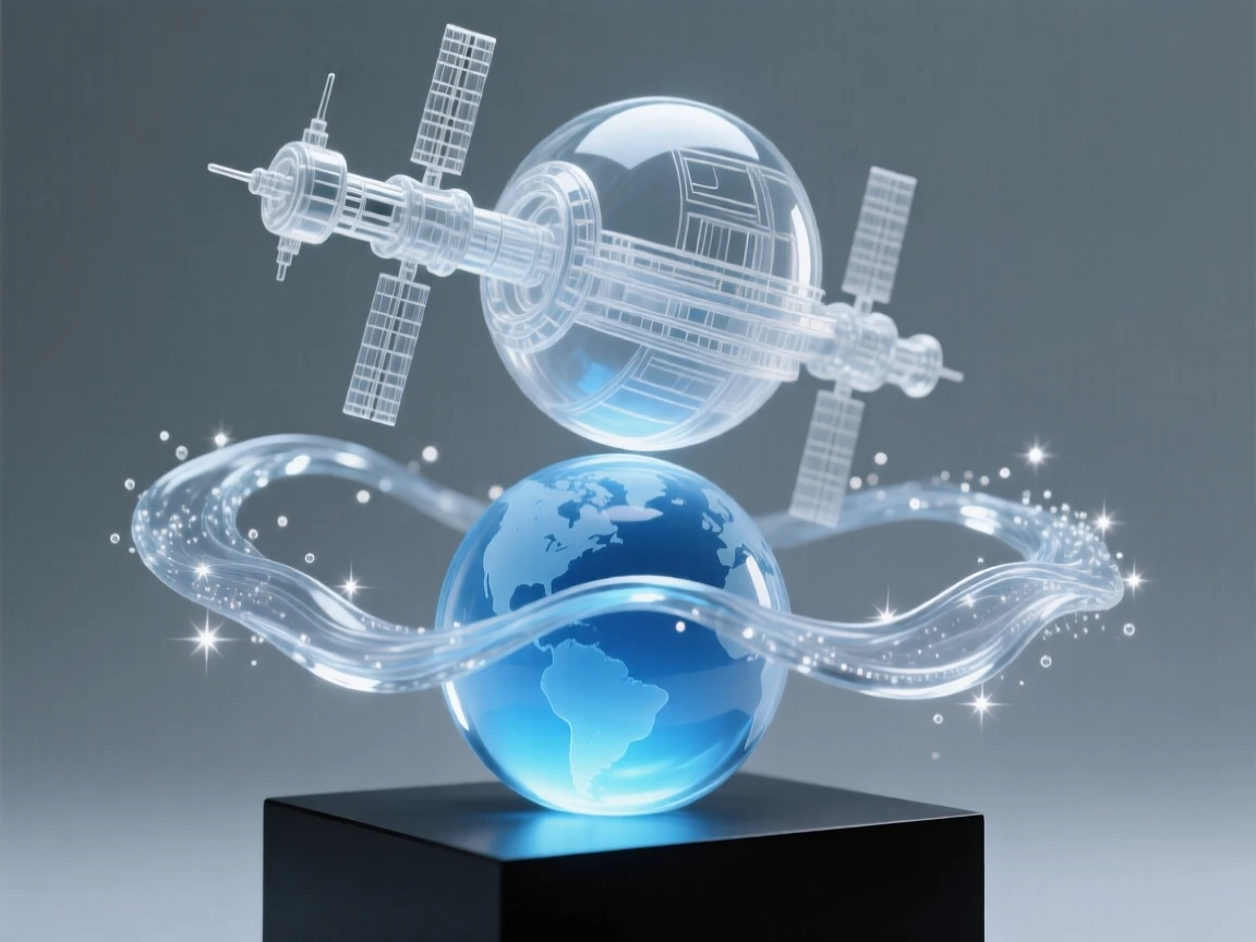 A space station orbiting slowly above a glowing blue planet as streams of stardust flow like a river through space