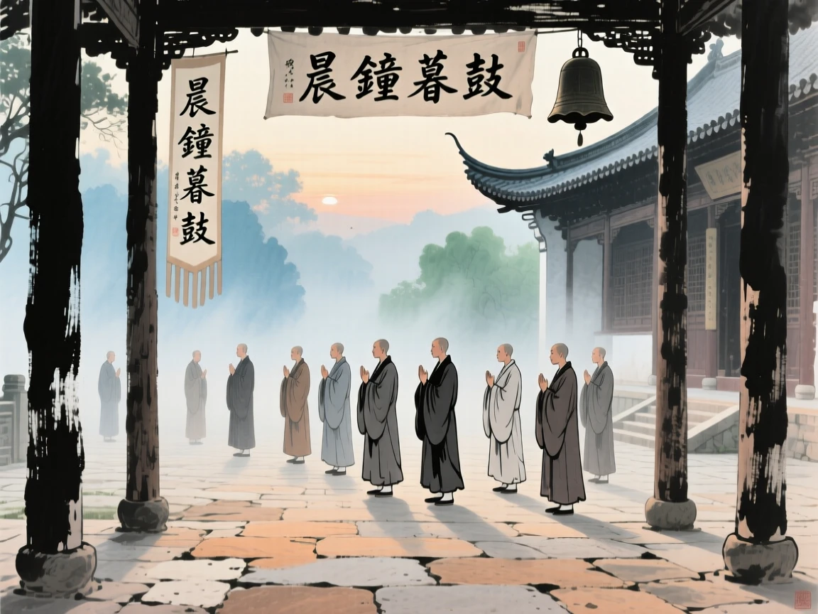 A group of monks chanting at dawn in a mist covered monastery courtyard, carrying a mood of wistful nostalgia.