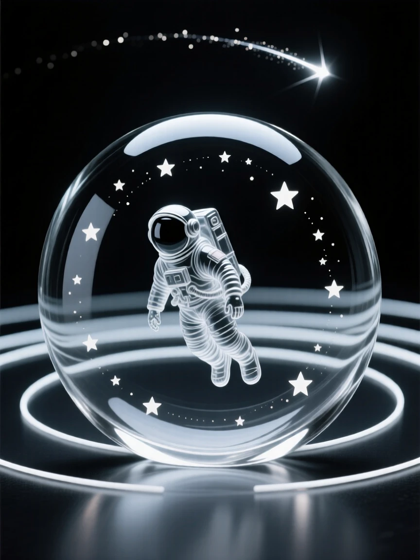 An astronaut floating peacefully above a curved horizon of stars as rings of light ripple outward through the darkness, while a faint trail of light marks a distant comet's path