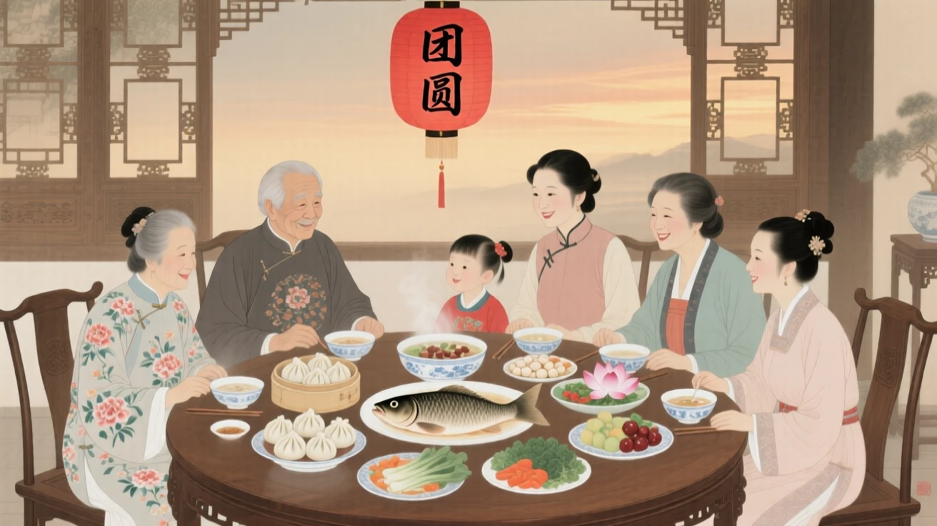 A family gathered around a table sharing a festival meal