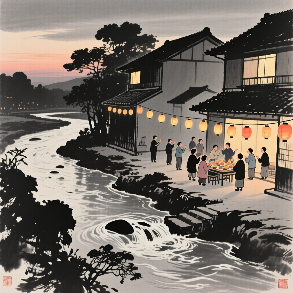 A New Year gathering with lanterns lit along a courtyard beside a slow-moving river at dusk, balanced between soft shadow and warm points of light, evoking festive warmth and communal joy.