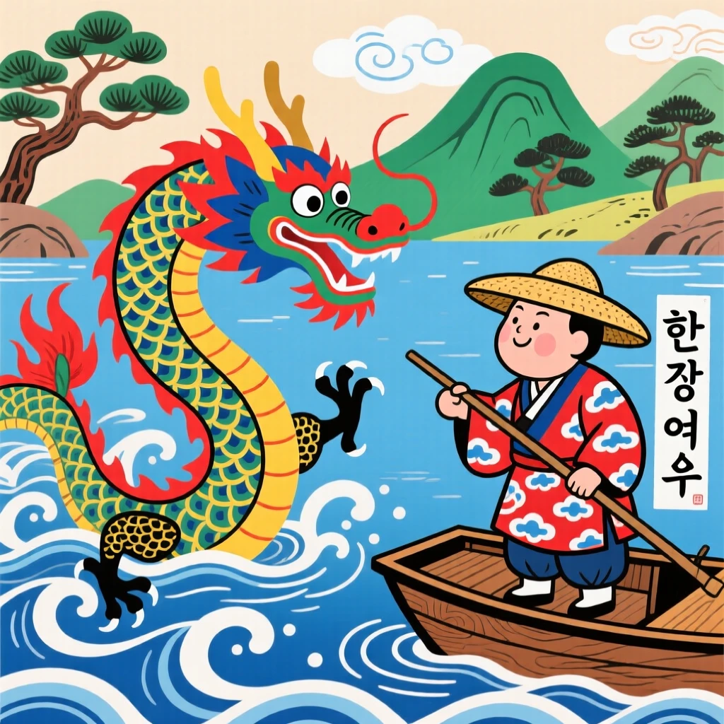 A fisherman meeting a mysterious dragon rising from the depths of a lake.