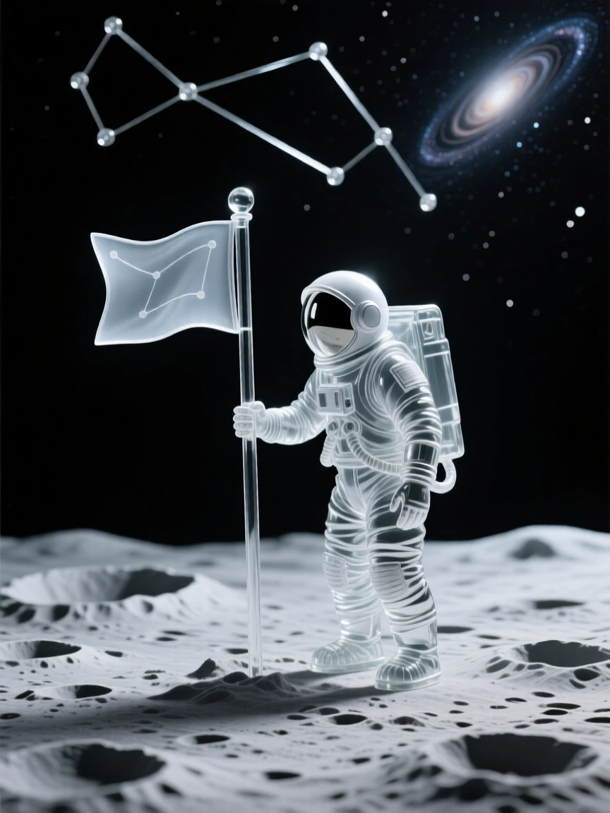 With constellations tracing ancient shapes overhead, a lone astronaut planting a flag on a cratered lunar surface, while distant galaxies spiral slowly in the background