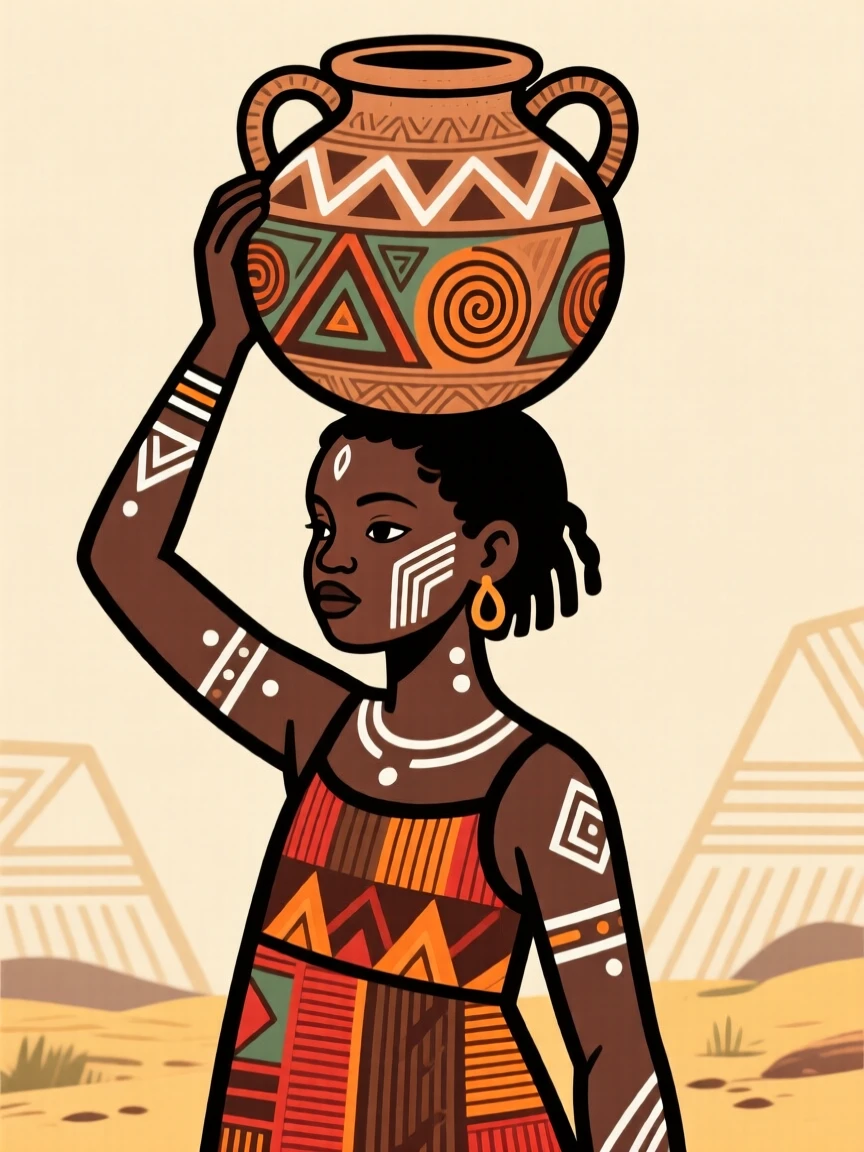 A young girl balancing a water jug on her head.