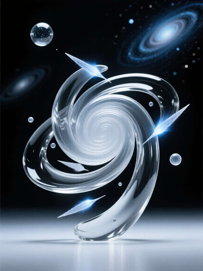 A spiral galaxy unfurling its arms across the void beneath a sky filled with slowly drifting comets, while distant galaxies spiral slowly in the background