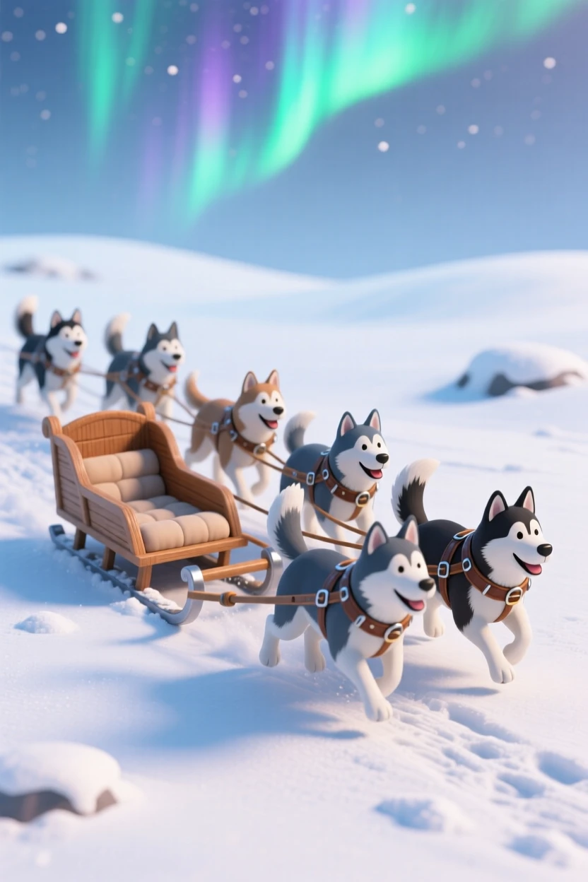 A dog sled team racing across a snowy tundra, huskies pulling eagerly, and the aurora shimmering faintly in the sky above.