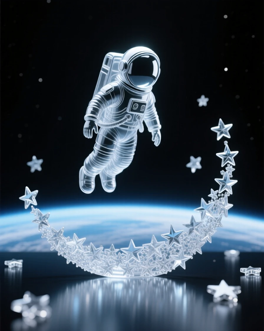 An astronaut floating peacefully above a curved horizon of stars while stars flicker gently against the endless dark