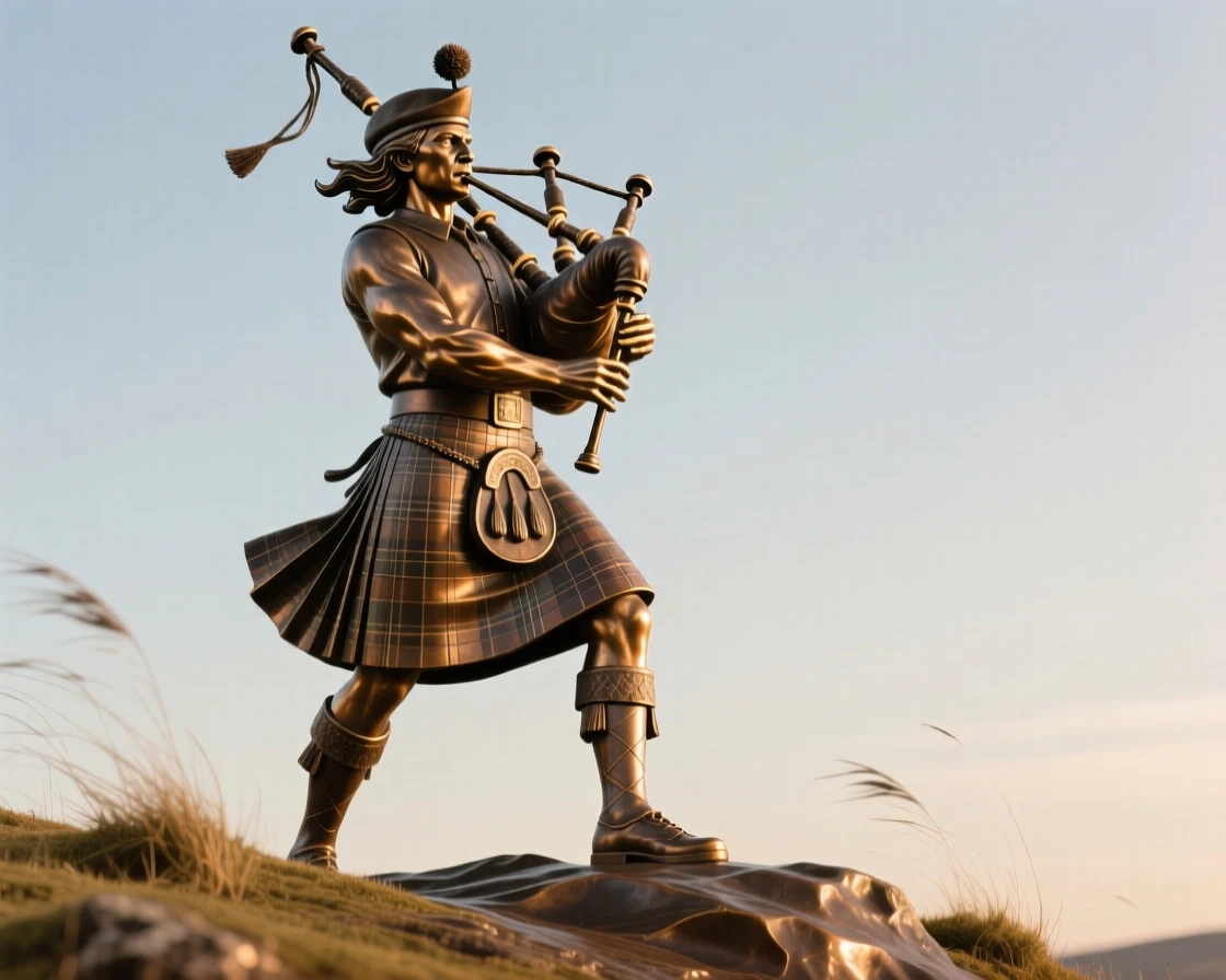 A scottish piper playing atop a windswept hill, with powerful, expressive body language, forming a strong central focal point