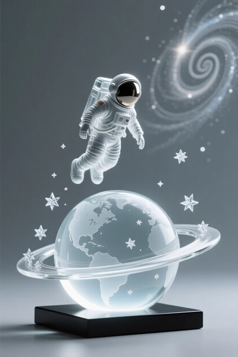 An astronaut floating peacefully above a curved horizon of stars with the curve of a planet glowing softly below, while distant galaxies spiral slowly in the background