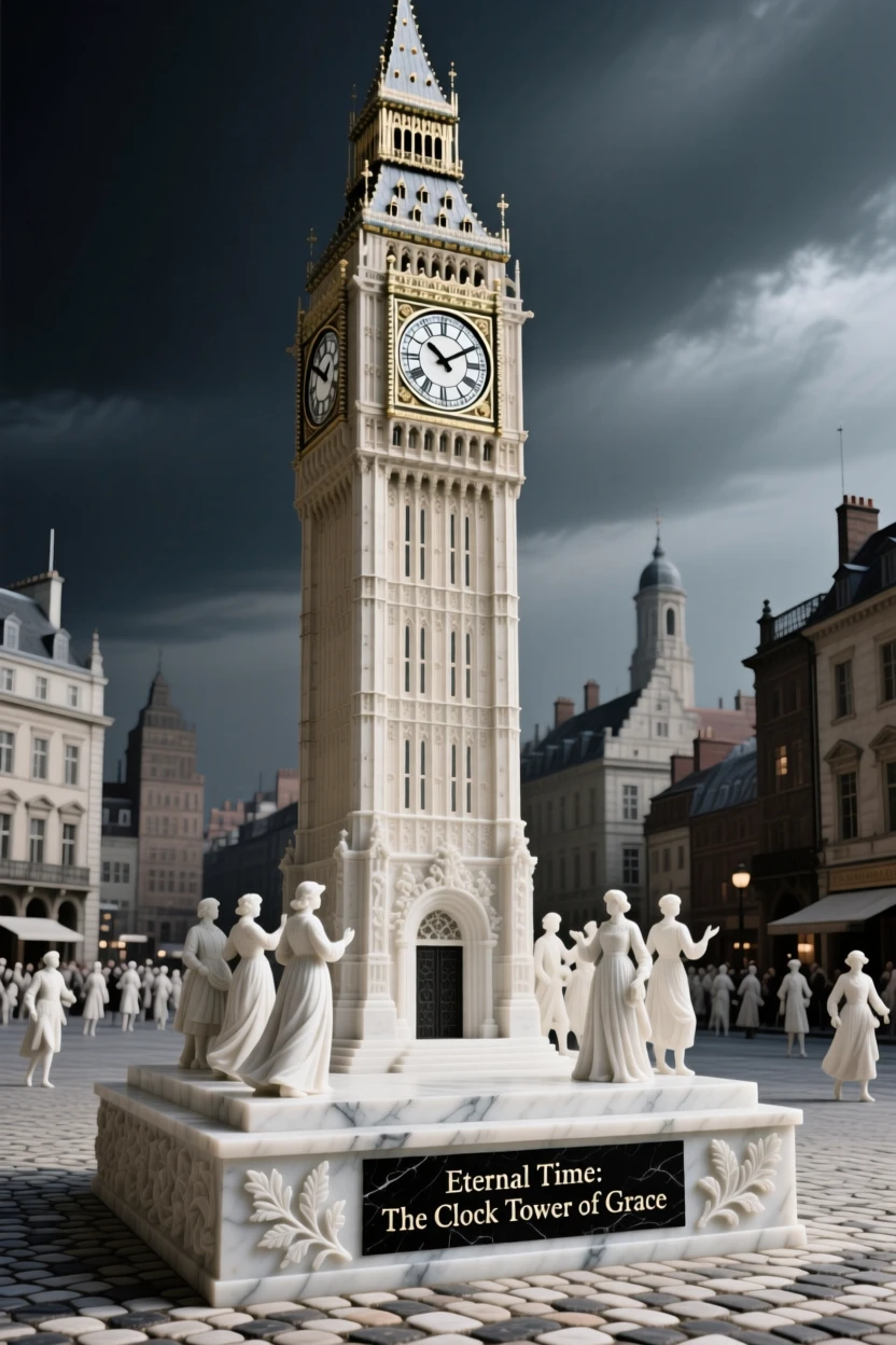 A striking, atmospheric depiction of an elegant clock tower rising above a city square, showcasing timeless elegance and grandeur