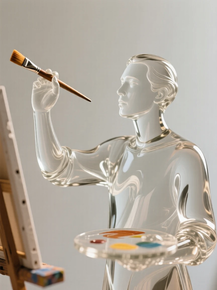 An artist mid-brushstroke, focused and inspired, softly lit by warm natural light, shallow depth of field isolating the subject, expression full of genuine emotion.