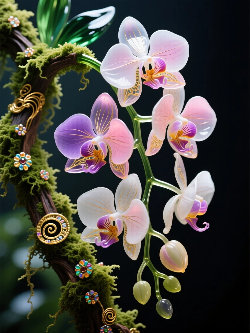 A cluster of orchids cascading from a mossy rainforest branch, exotic and delicate.