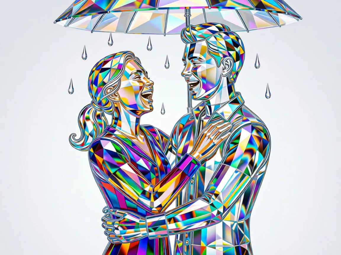 A young couple laughing together while getting caught in a sudden summer rainstorm.
