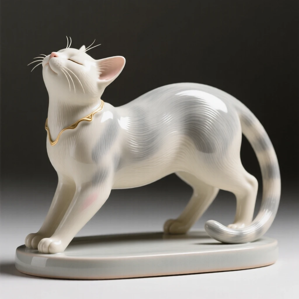 An elegant cat statuette poised mid-stretch displayed as a refined centerpiece, highlighted by delicate embellishments, evoking refined elegance and quiet luxury.