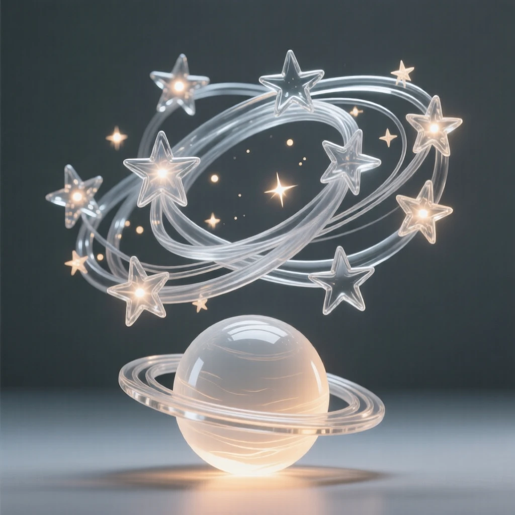 A galaxy of stars connected by threads of swirling light, with the curve of a planet glowing softly below