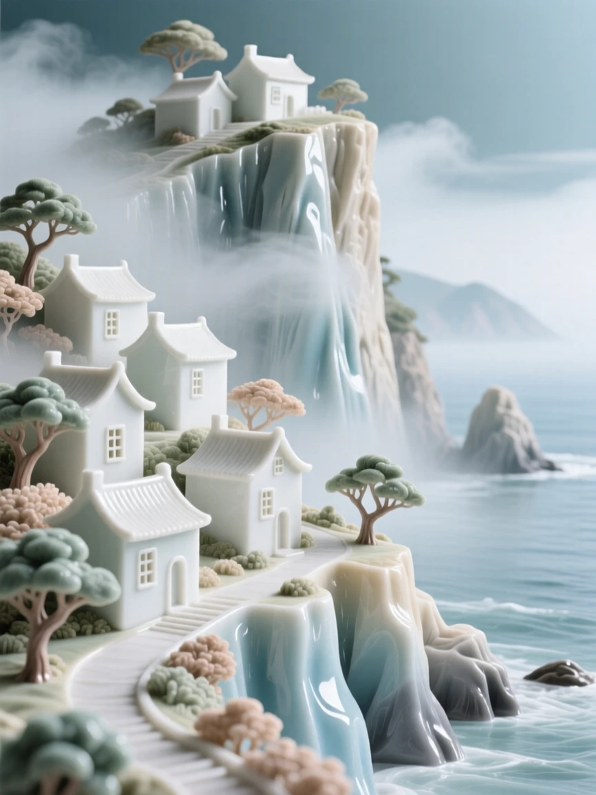 A grand view of a coastal cliffside village, wrapped in soft morning mist.